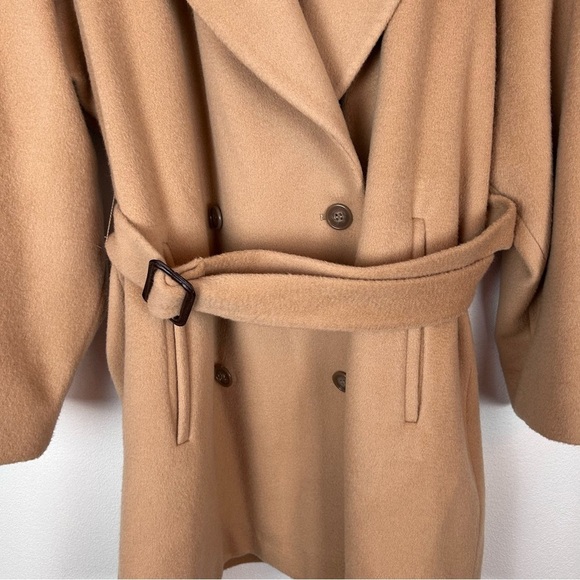 Calvin Klein Vintage 100% Wool Pea Coat Tan Waist Tie Two Button - Picture 3 of 15